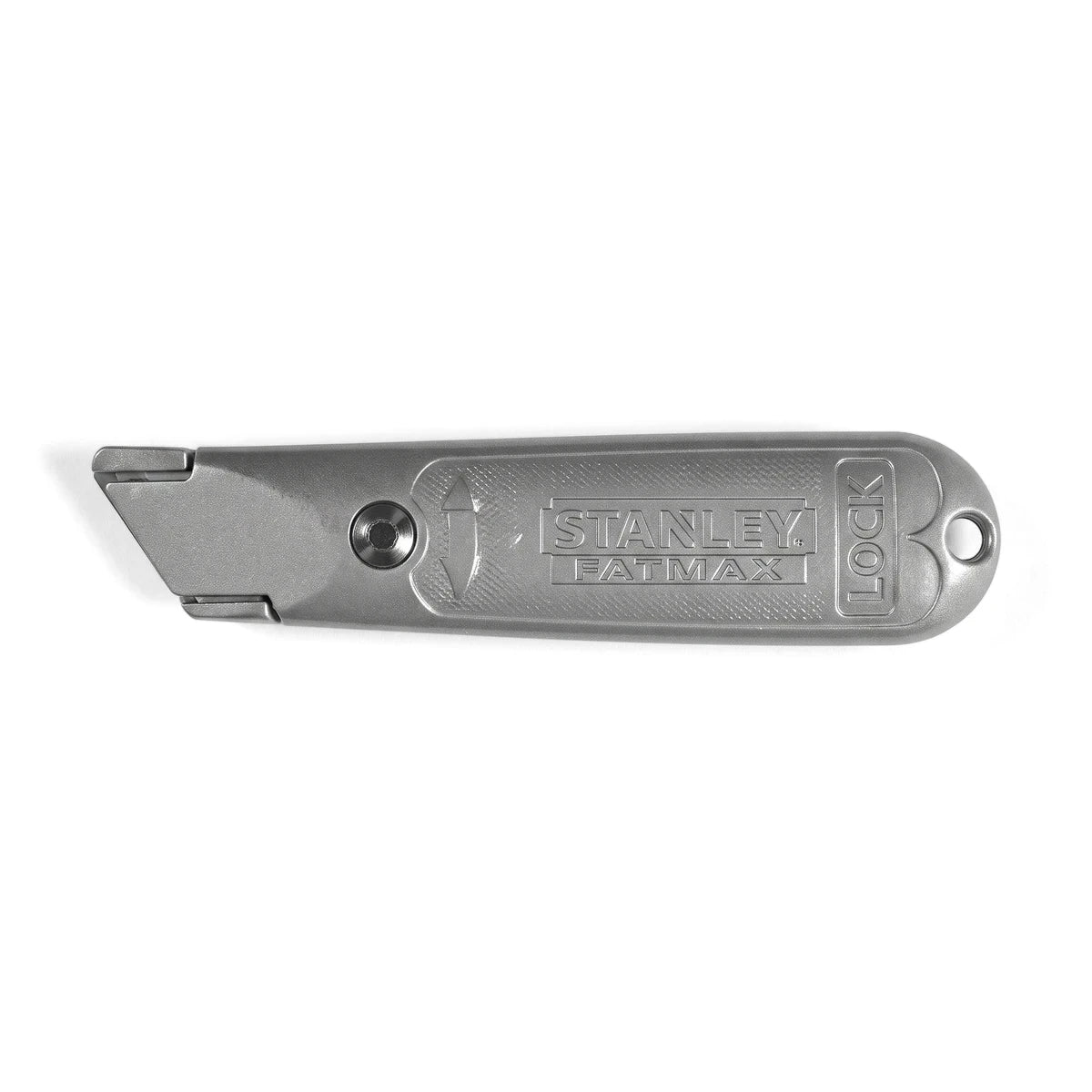 Silver Fixed Blade Trimming Utility Knife with a textured grip and Stanley brand embossed on the side, viewed from above.