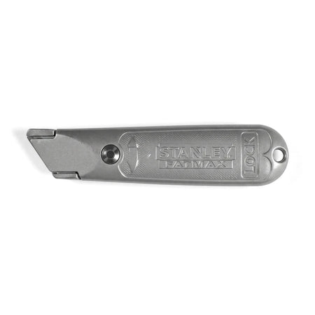 Silver Fixed Blade Trimming Utility Knife with a textured grip and Stanley brand embossed on the side, viewed from above.