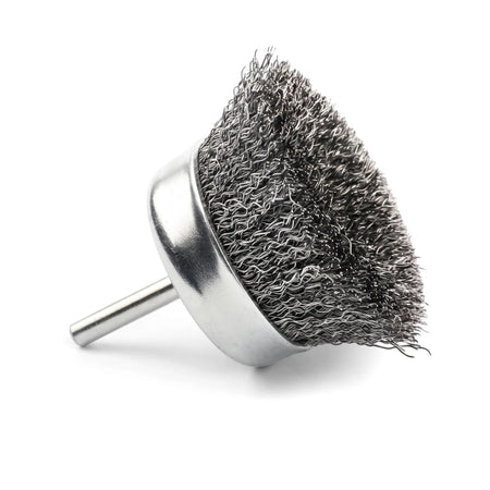 Close-up of a silver steel wire cup brush with wavy bristles and a metal shank, used for heavy-duty cleaning and surface