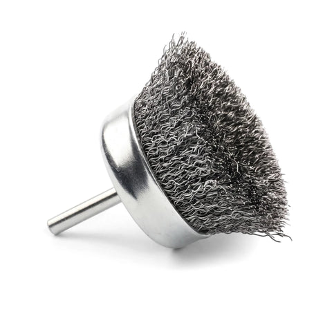 Close-up of a silver steel wire cup brush with wavy bristles and a metal shank, used for heavy-duty cleaning and surface