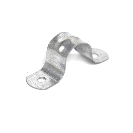 A single galvanized metal 20mm saddle clip shown from an elevated angle, featuring its curved U-shape and two screw holes.