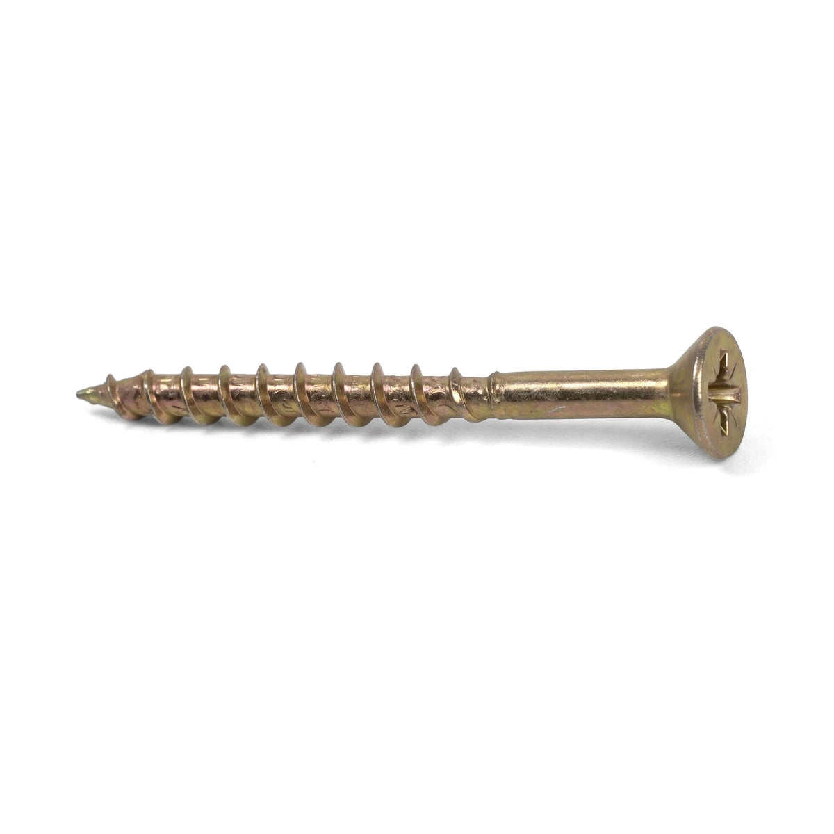 Single golden chip board screw with a Phillips head and coarse threading, designed for secure fastening.