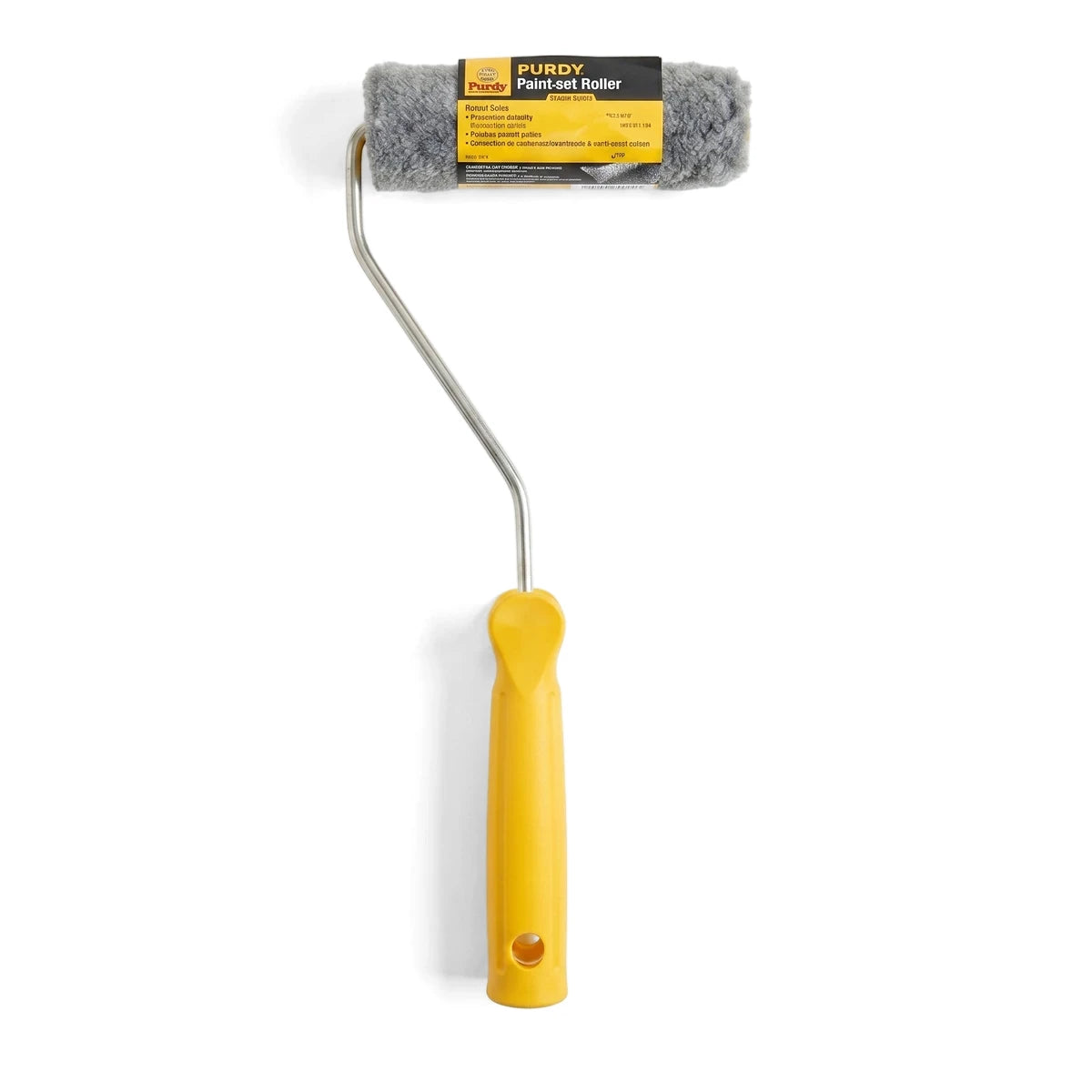 A single paint roller with a gray fuzzy cover and a bright yellow ergonomic handle on a white background, ready for painting
