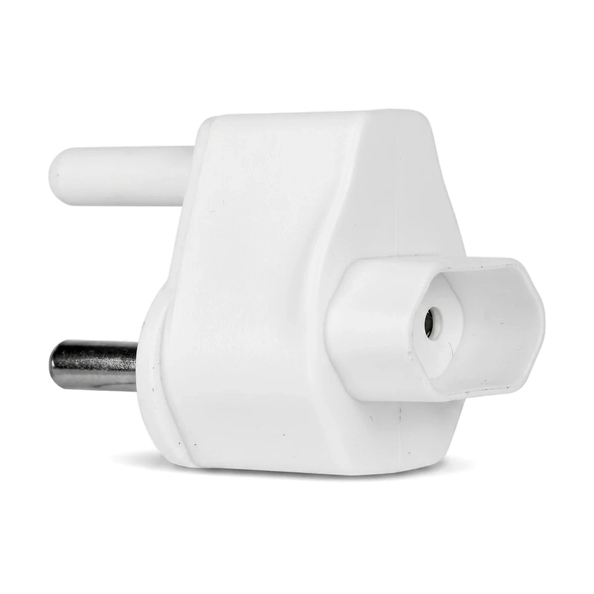 White plastic Single-Port Euro Plug Adapter with two metal prongs and a single socket, shown at an angle.