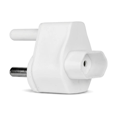 White plastic Single-Port Euro Plug Adapter with two metal prongs and a single socket, shown at an angle.