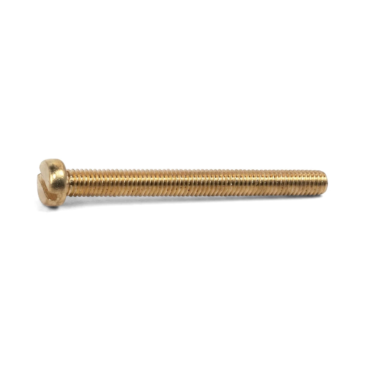A single golden brass slotted cheese head machine screw is displayed horizontally against a clean white background.