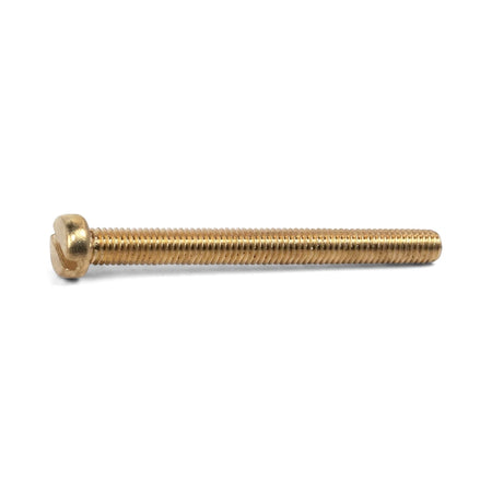 A single golden brass slotted cheese head machine screw is displayed horizontally against a clean white background.