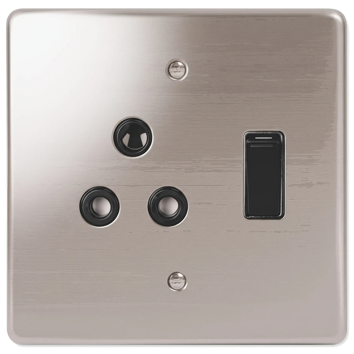 Front view of a brushed metallic single switch socket with three black outlets and a rectangular black toggle switch.