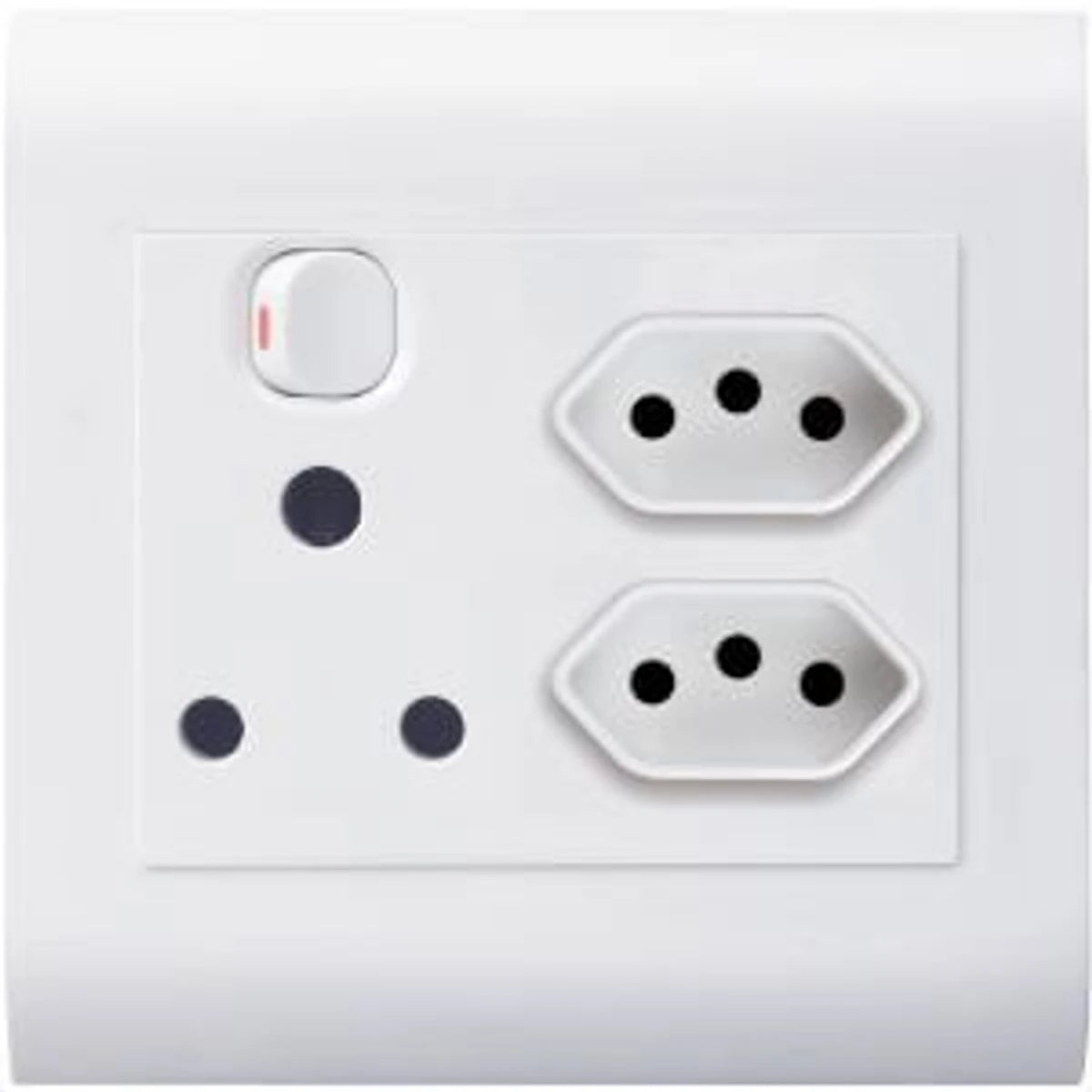 White single switched socket with one 16A 3-pin round outlet and two IEC 3-pin hexagonal outlets for wall mounting.