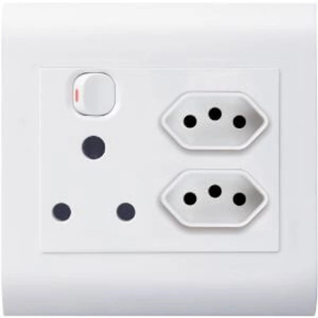 White single switched socket with one 16A 3-pin round outlet and two IEC 3-pin hexagonal outlets for wall mounting.