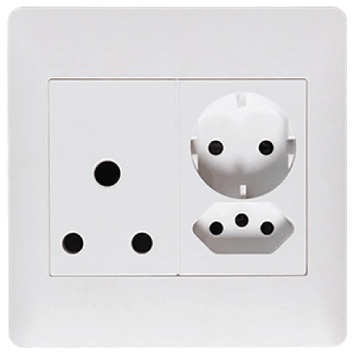 Single switched socket wall plate in white with 16A three-pin outlet, IEC port, and dual round plug sockets front view