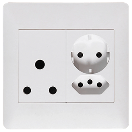 Single switched socket wall plate in white with 16A three-pin outlet, IEC port, and dual round plug sockets front view