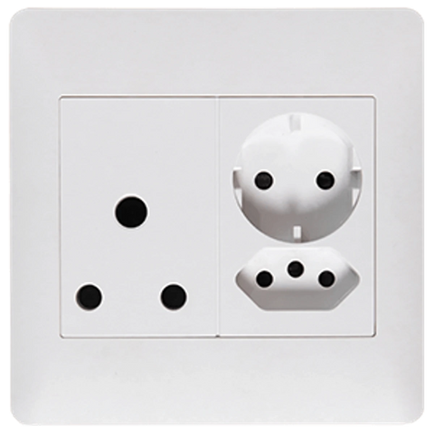 Single switched socket wall plate in white with 16A three-pin outlet, IEC port, and dual round plug sockets front view
