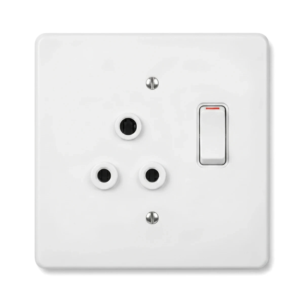 Single white 100x100mm steel SABS compliant switch socket with three-pin outlet and toggle switch, front view.