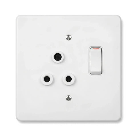 Single white 100x100mm steel SABS compliant switch socket with three-pin outlet and toggle switch, front view.