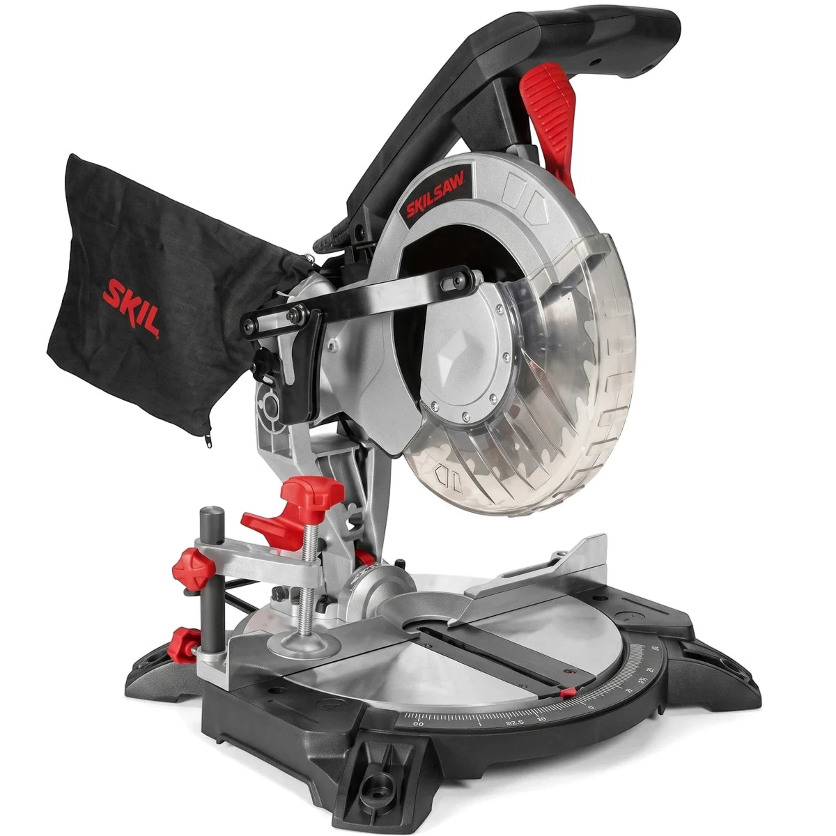 Skil 1300W 210mm Compound Mitre Saw, a black, red, and silver power tool with a dust bag and blade guard.