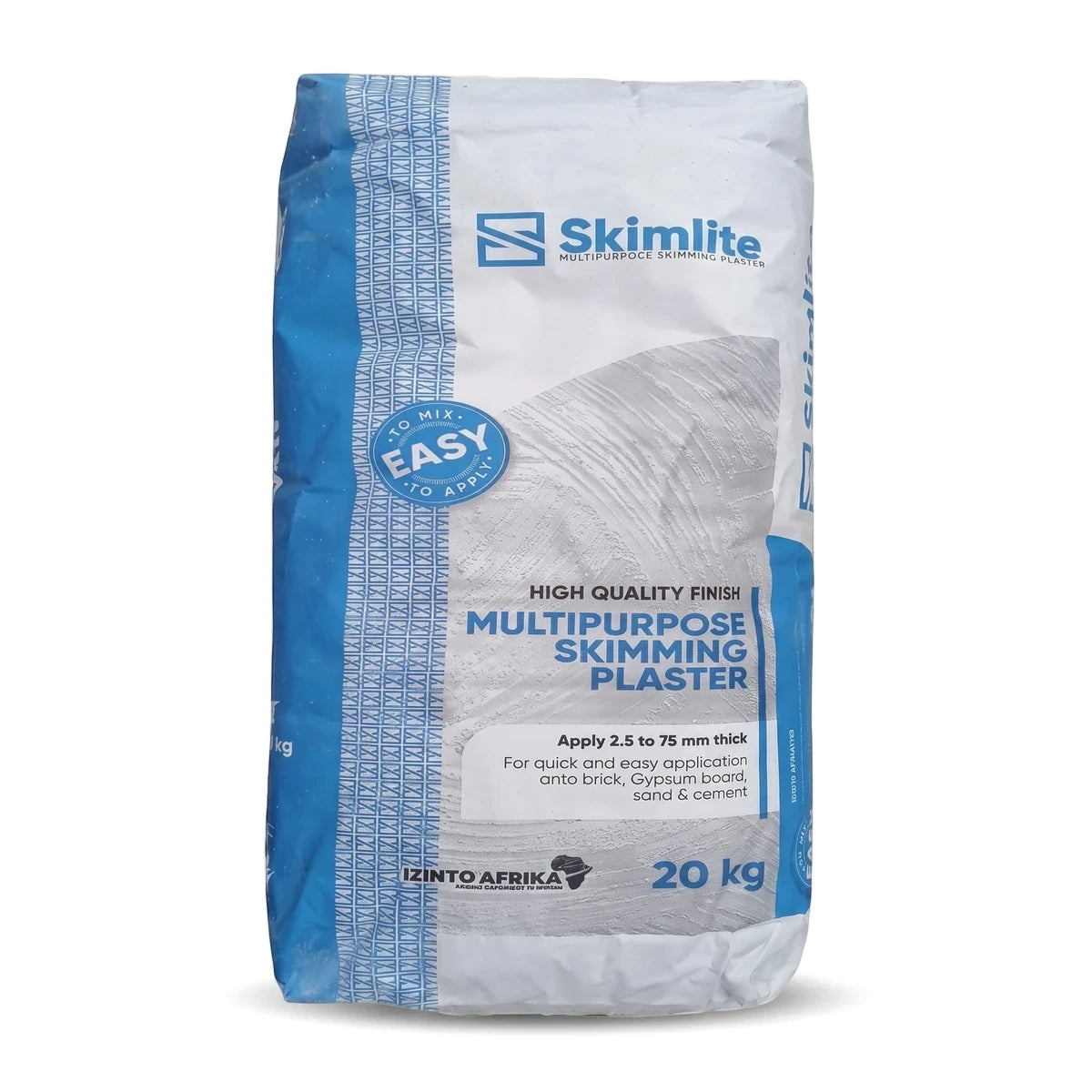 Skimlite Multipurpose Skimming Plaster in a 20 kg white and blue bag for high-quality finish and easy application.