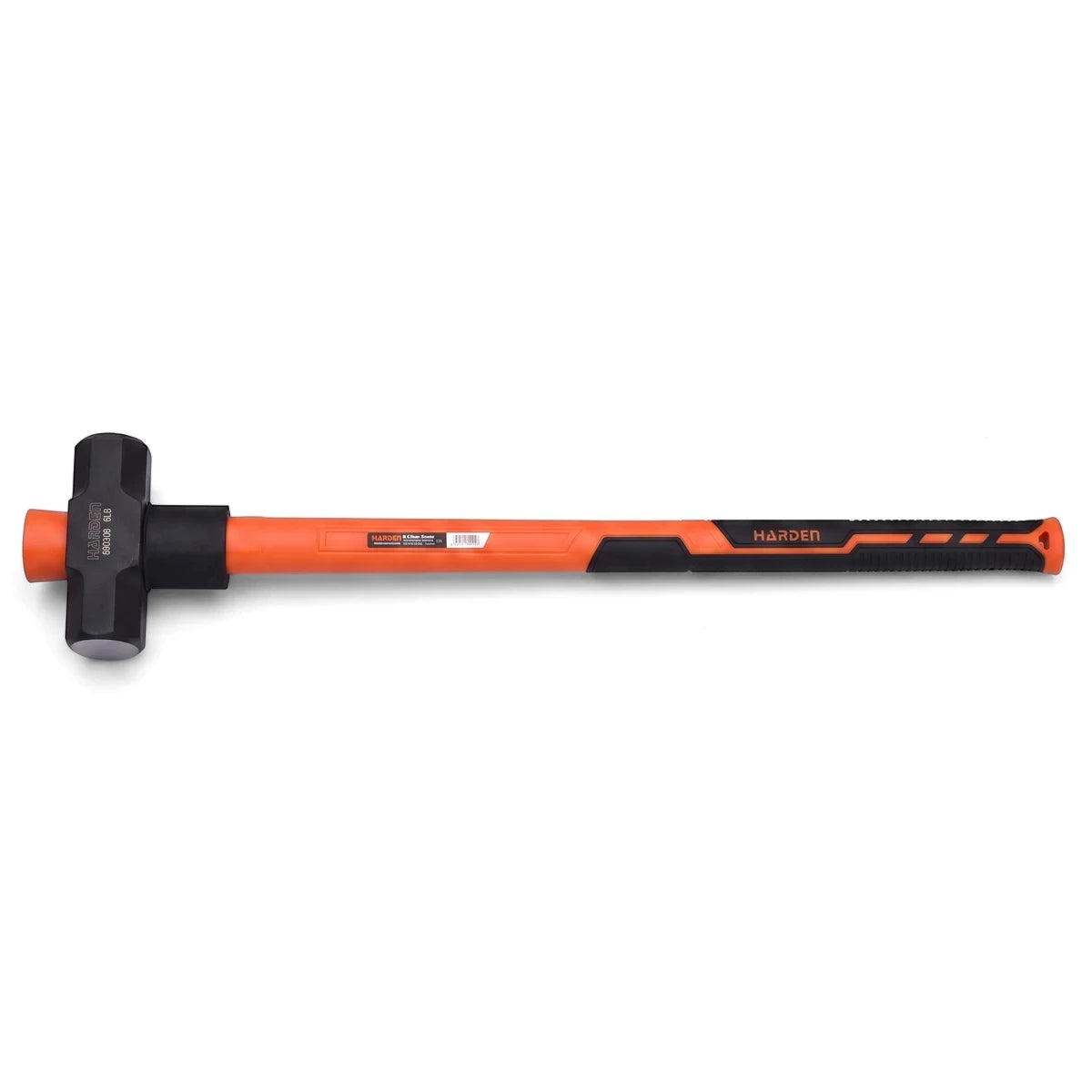 A professional 6.4kg (14lb) sledge hammer featuring a durable orange fiberglass handle with a black grip and a black