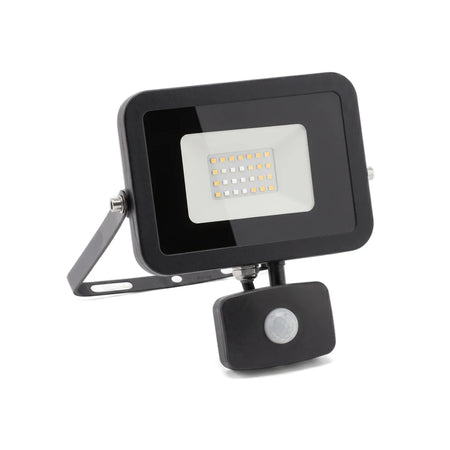 A black Slimline Motion-Sensor LED Floodlight (30W) with a rectangular design and integrated motion sensor, viewed at an