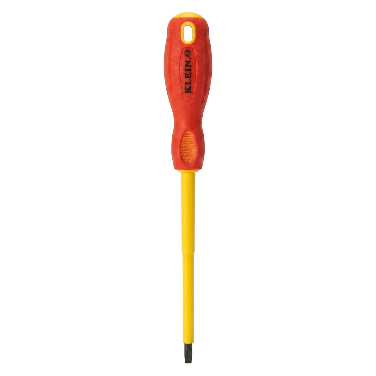 Slotted screwdriver with a red and yellow handle, yellow shaft, and precise slotted tip.