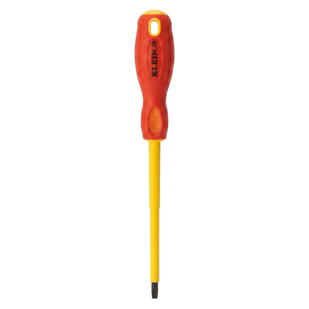 Slotted screwdriver with a red and yellow handle, yellow shaft, and precise slotted tip.