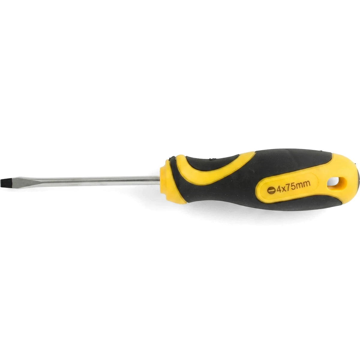 Slotted screwdriver with a yellow and black ergonomic handle and a silver metal shaft with a flat tip, viewed horizontally.