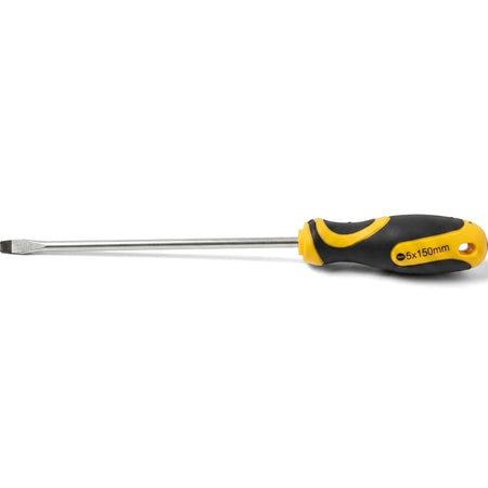 Slotted screwdriver with a black and yellow ergonomic handle and a silver shaft, measuring 5x150mm.
