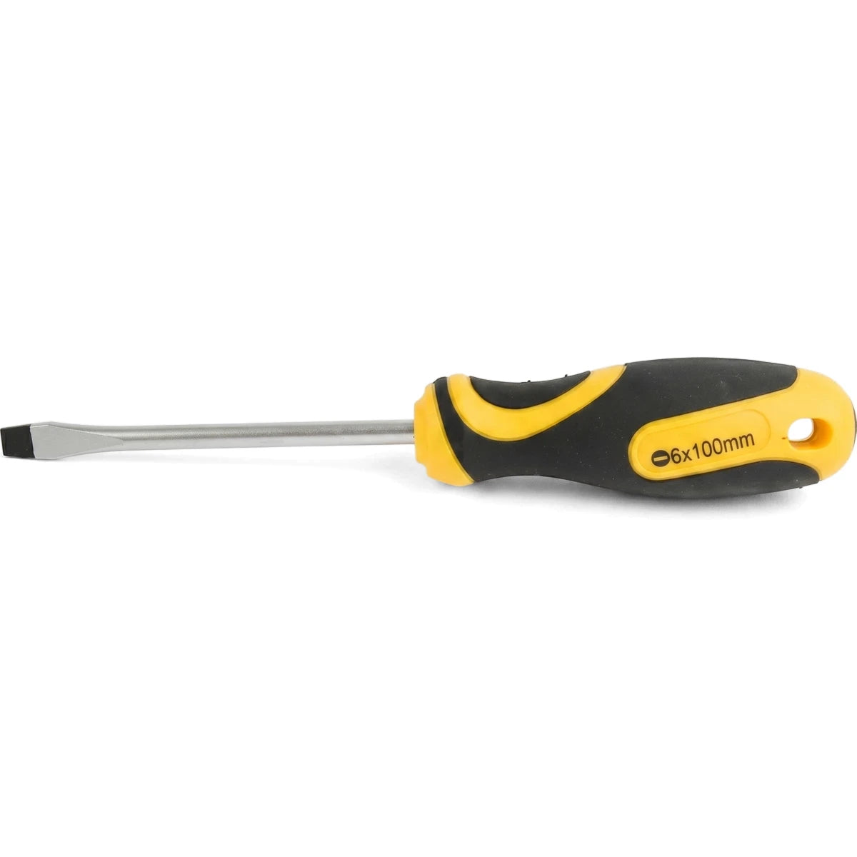 Yellow and black ergonomic slotted screwdriver with a 6x100mm blade, featuring a comfortable grip and a durable metal shaft,