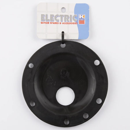 Small black circular flat gasket flange for electric geyser spares, featuring multiple holes around the perimeter and a