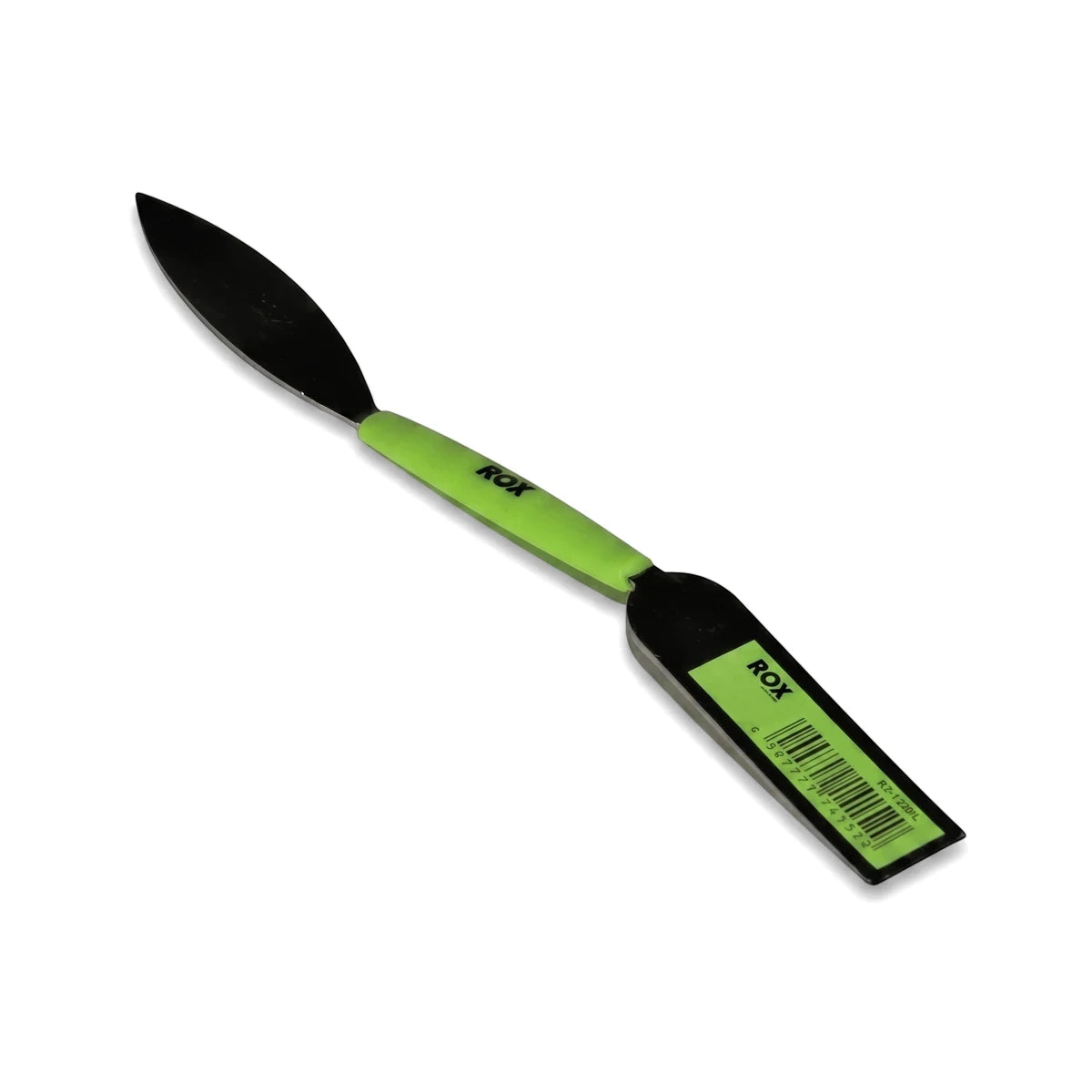Small plaster work tool blade with a black metal paddle and a neon green handle, featuring the 'ROX' logo on a tag, against