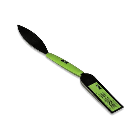 Small plaster work tool blade with a black metal paddle and a neon green handle, featuring the 'ROX' logo on a tag, against