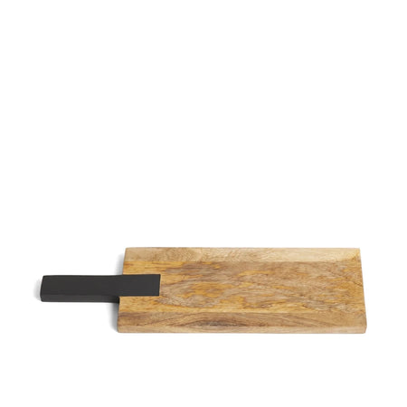Small rectangular cheeseboard made of light-colored wood with a modern black handle, seen from a slightly elevated angle.