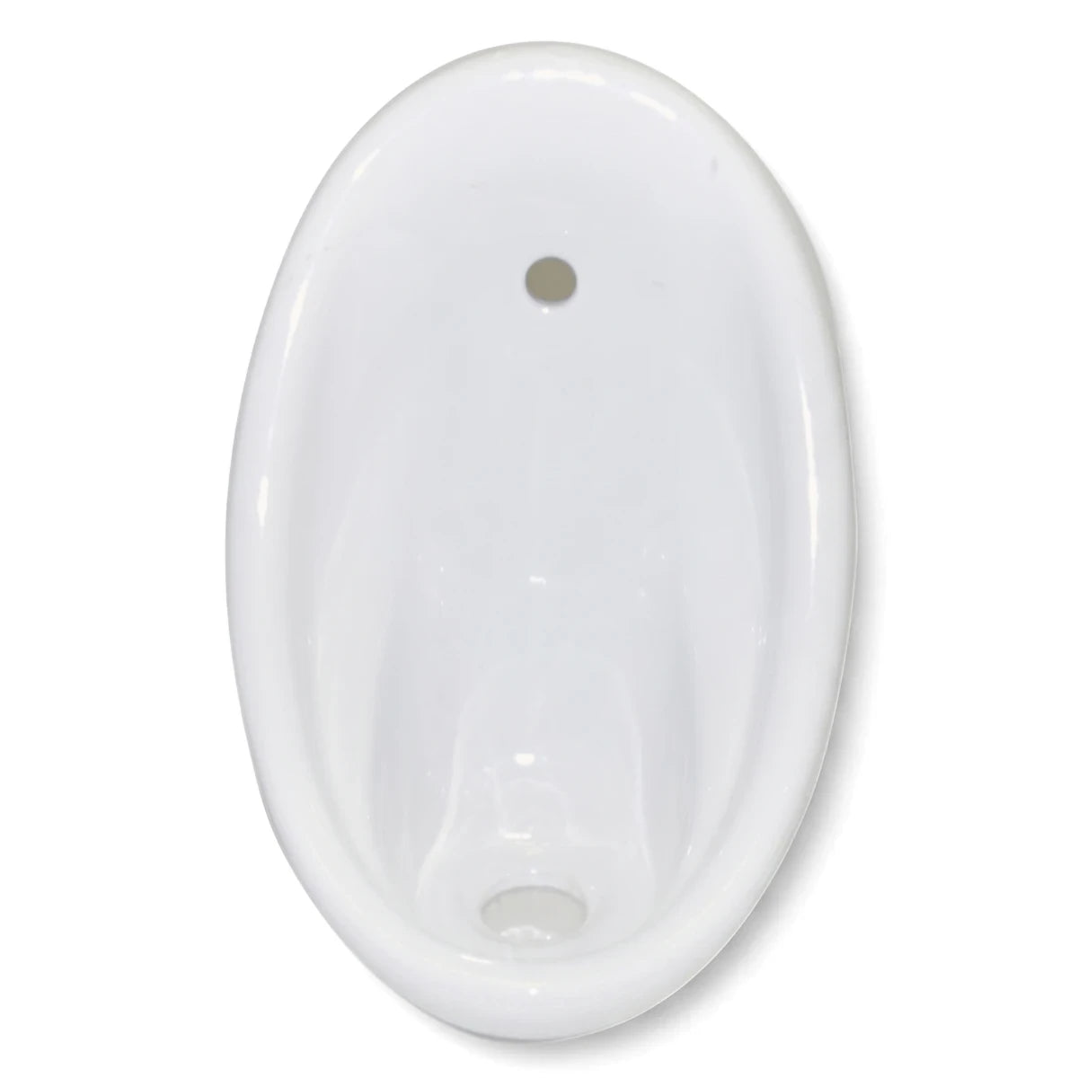 Small white ceramic back-to-wall front entry urinal with a smooth, glossy finish and two drain holes.