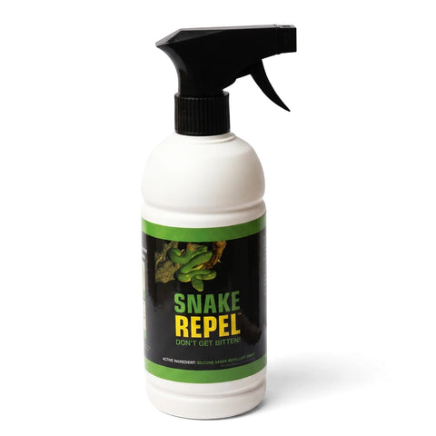 White plastic spray bottle of Snake Repellent RTU 500 ml with a black trigger sprayer and green and black label.