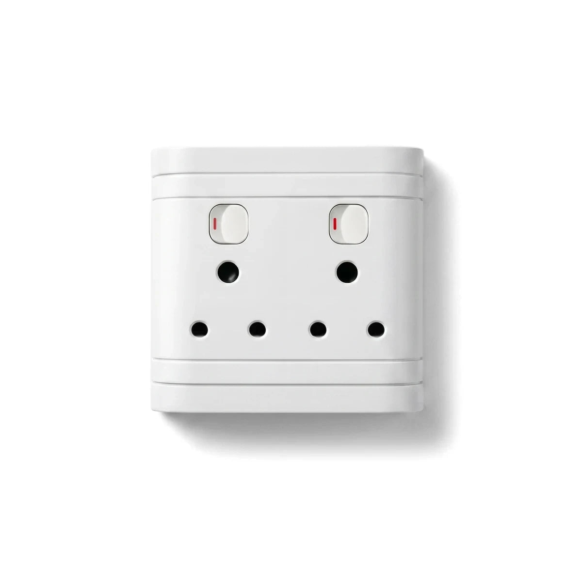 White double electrical socket Apollo 100 X100 with two switches and three-pin outlets, front view.