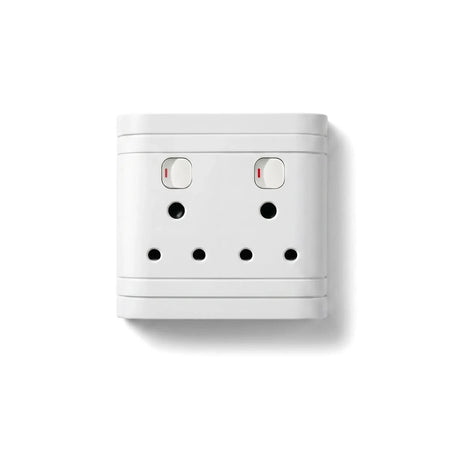 White double electrical socket Apollo 100 X100 with two switches and three-pin outlets, front view.