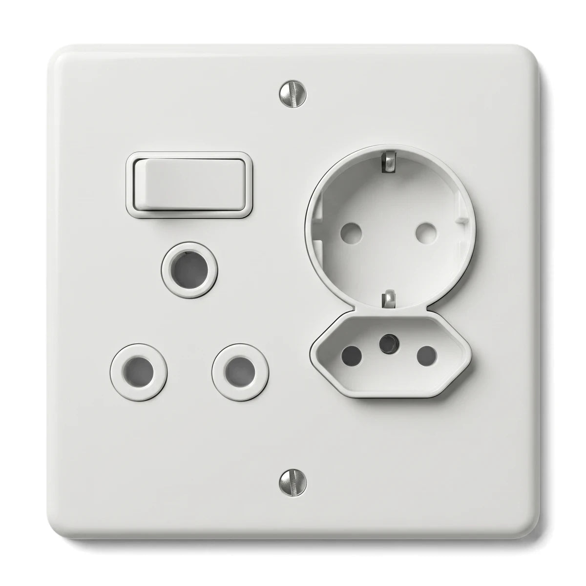 White electrical wall socket panel with a switch, a Shuko socket, an IEC socket, and two round pin sockets.