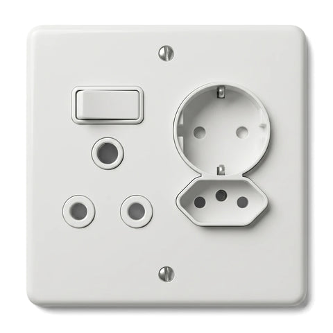 White electrical wall socket panel with a switch, a Shuko socket, an IEC socket, and two round pin sockets.
