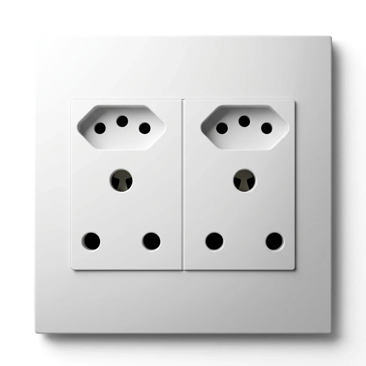 A white Apollo 100x100mm double socket, un-switched, with two three-pin outlets for electrical connections.