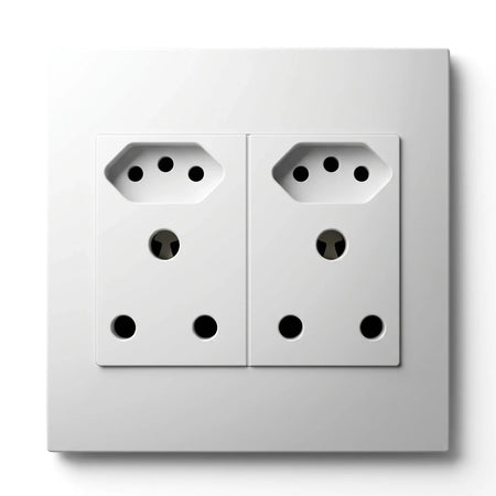 A white Apollo 100x100mm double socket, un-switched, with two three-pin outlets for electrical connections.