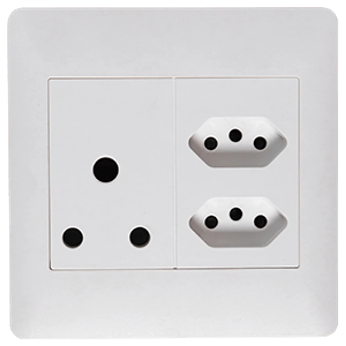 Socket Apollo 100x100mm white switch socket faceplate, front view with one 16A three pin outlet and two IEC outlets