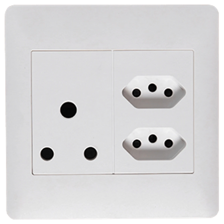 Socket Apollo 100x100mm white switch socket faceplate, front view with one 16A three pin outlet and two IEC outlets