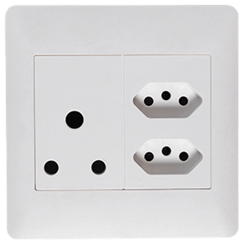 Socket Apollo 100x100mm white switch socket faceplate, front view with one 16A three pin outlet and two IEC outlets