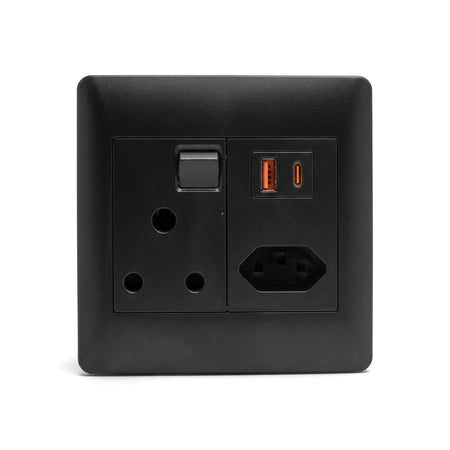Black square wall socket with multiple outlets including 3-pin, IEC, and USB A+C ports, featuring a switch.
