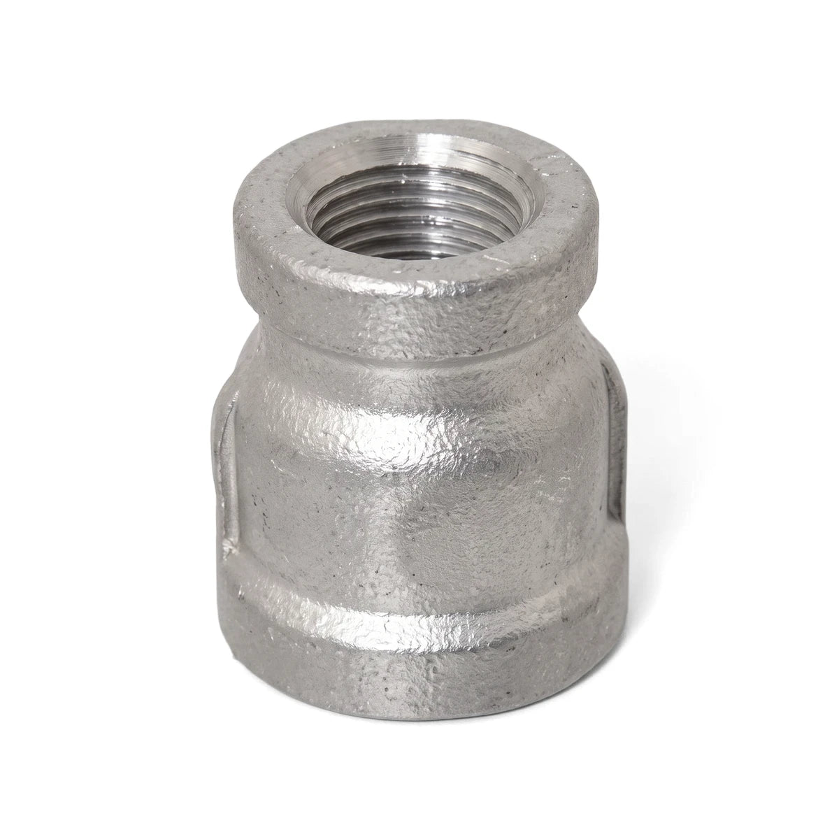Galvanised metal socket reducer, 20x15mm, featuring internal threading, presented as a single plumbing fitting.