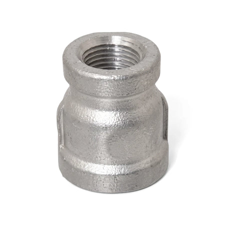Galvanised metal socket reducer, 20x15mm, featuring internal threading, presented as a single plumbing fitting.