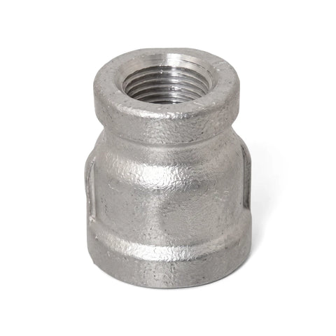 Galvanised metal socket reducer, 20x15mm, featuring internal threading, presented as a single plumbing fitting.