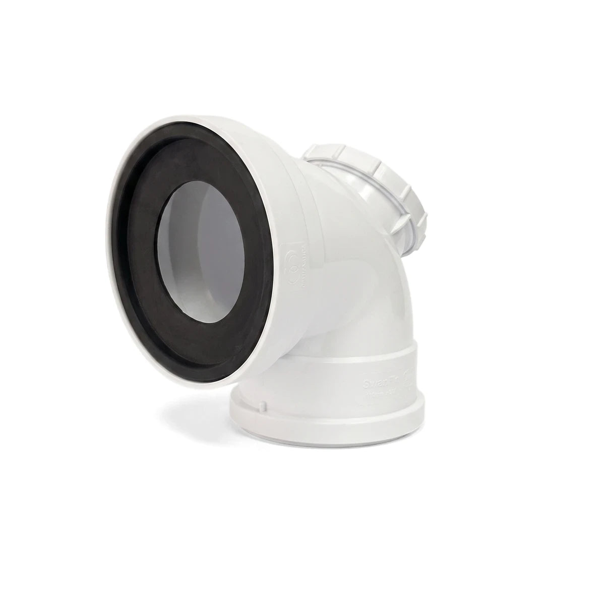 White plastic soil vent toilet pan connector with a 90-degree bend and black rubber seal, 110mm.
