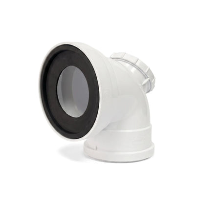 White plastic soil vent toilet pan connector with a 90-degree bend and black rubber seal, 110mm.