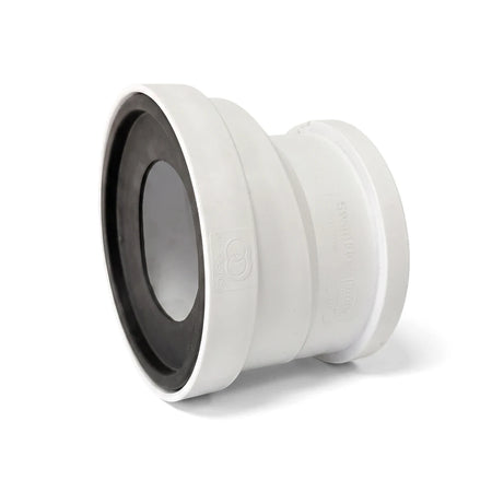 White 110mm soil/vent offset toilet pan connector with a black rubber seal, featuring Swanflo and DP Plastics branding.